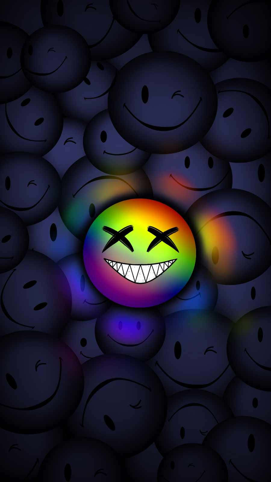 微笑，世界便與你一同微笑 壁紙 — 一個帶有X眼睛和尖銳牙齒的彩虹色笑臉，在一群黑暗的笑臉中發光。