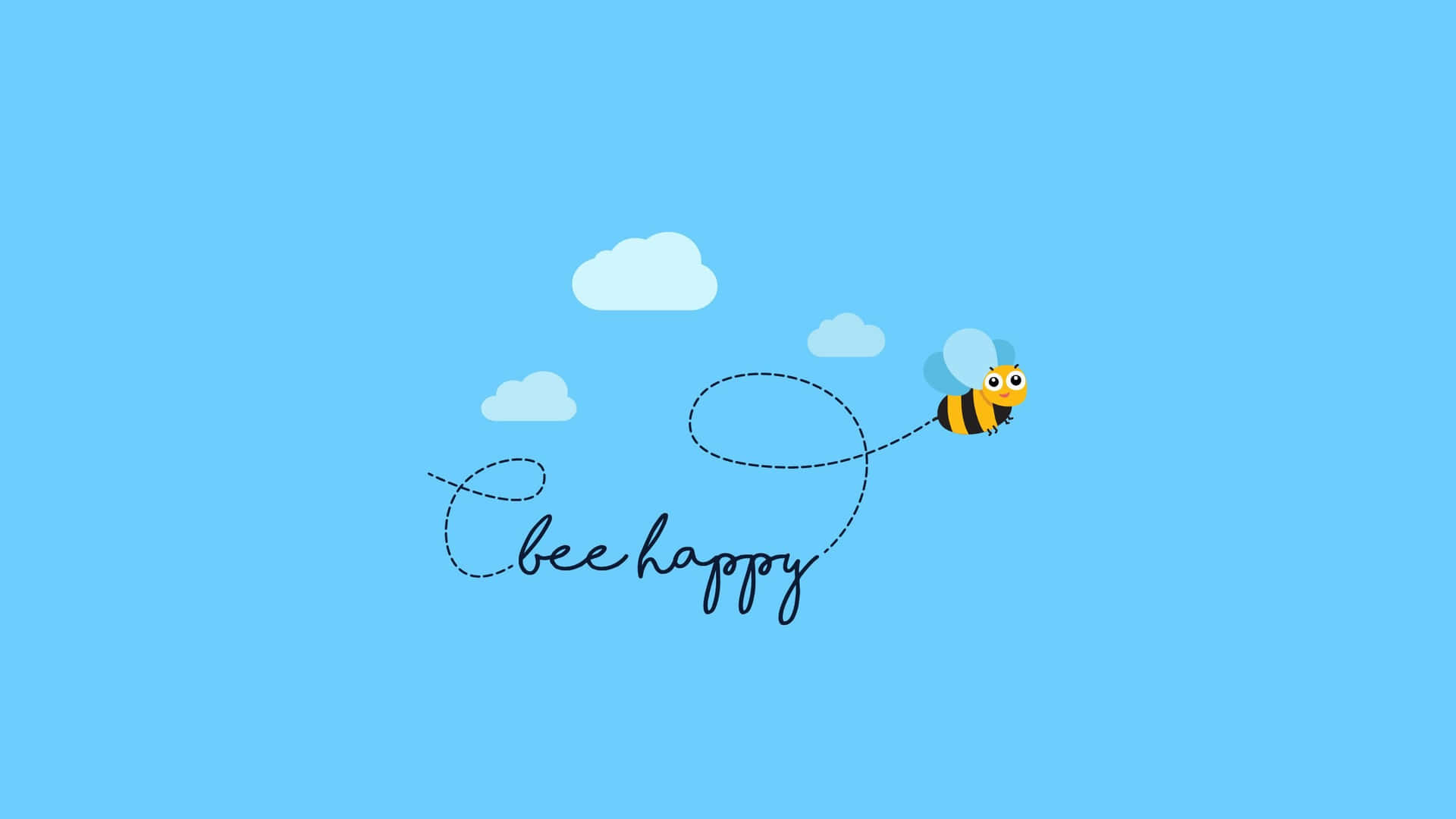一隻卡通蜜蜂飛翔，在藍天白雲背景下留下一條虛線軌跡，拼出 bee happy。
