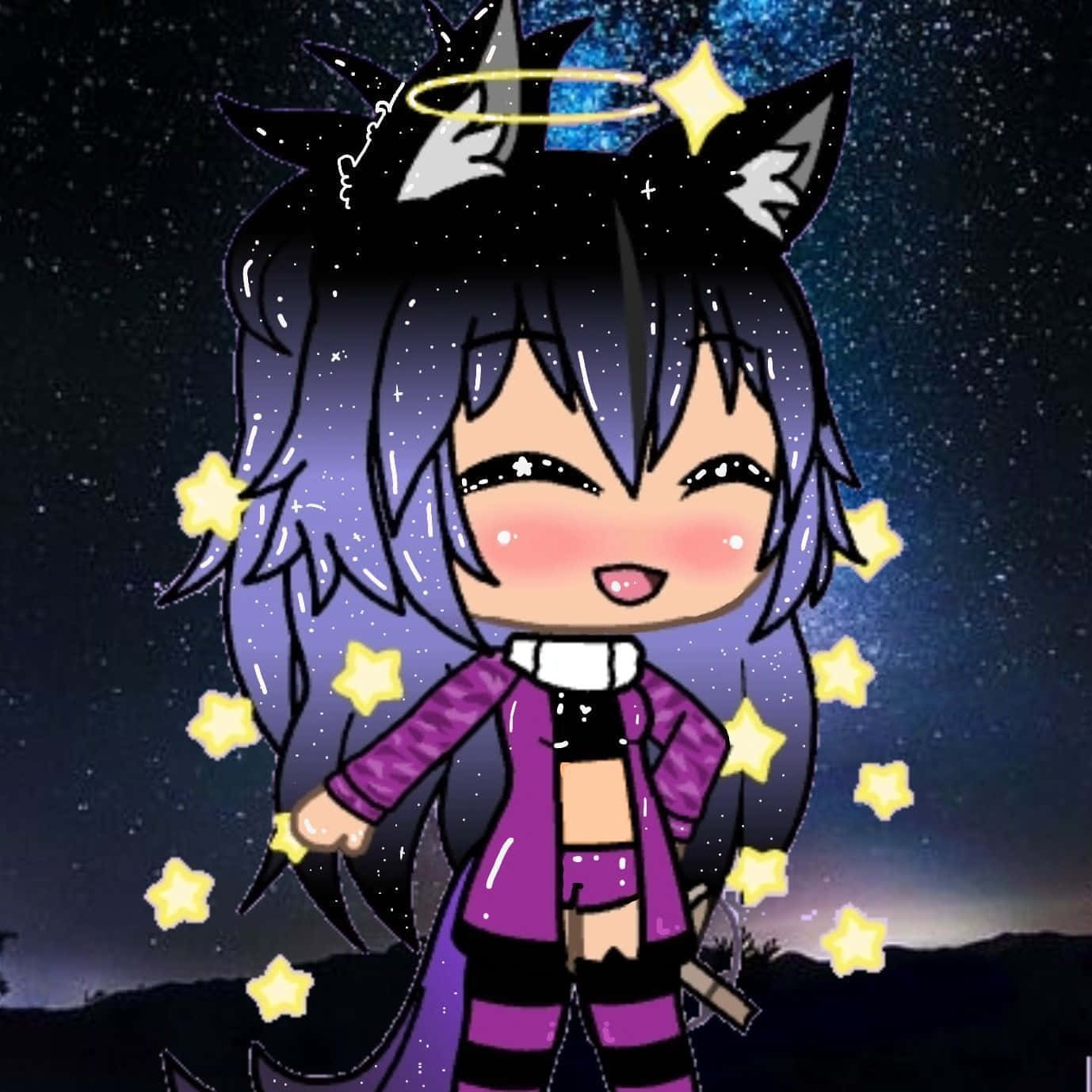 動漫女孩帶著狼耳朵和星星光環在夜空中微笑