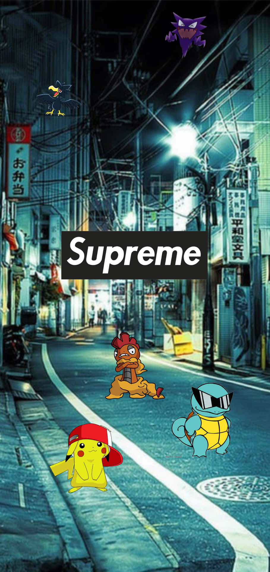 寵物小精靈角色喺有Supreme標誌嘅霓虹燈照亮嘅日本小巷入面。