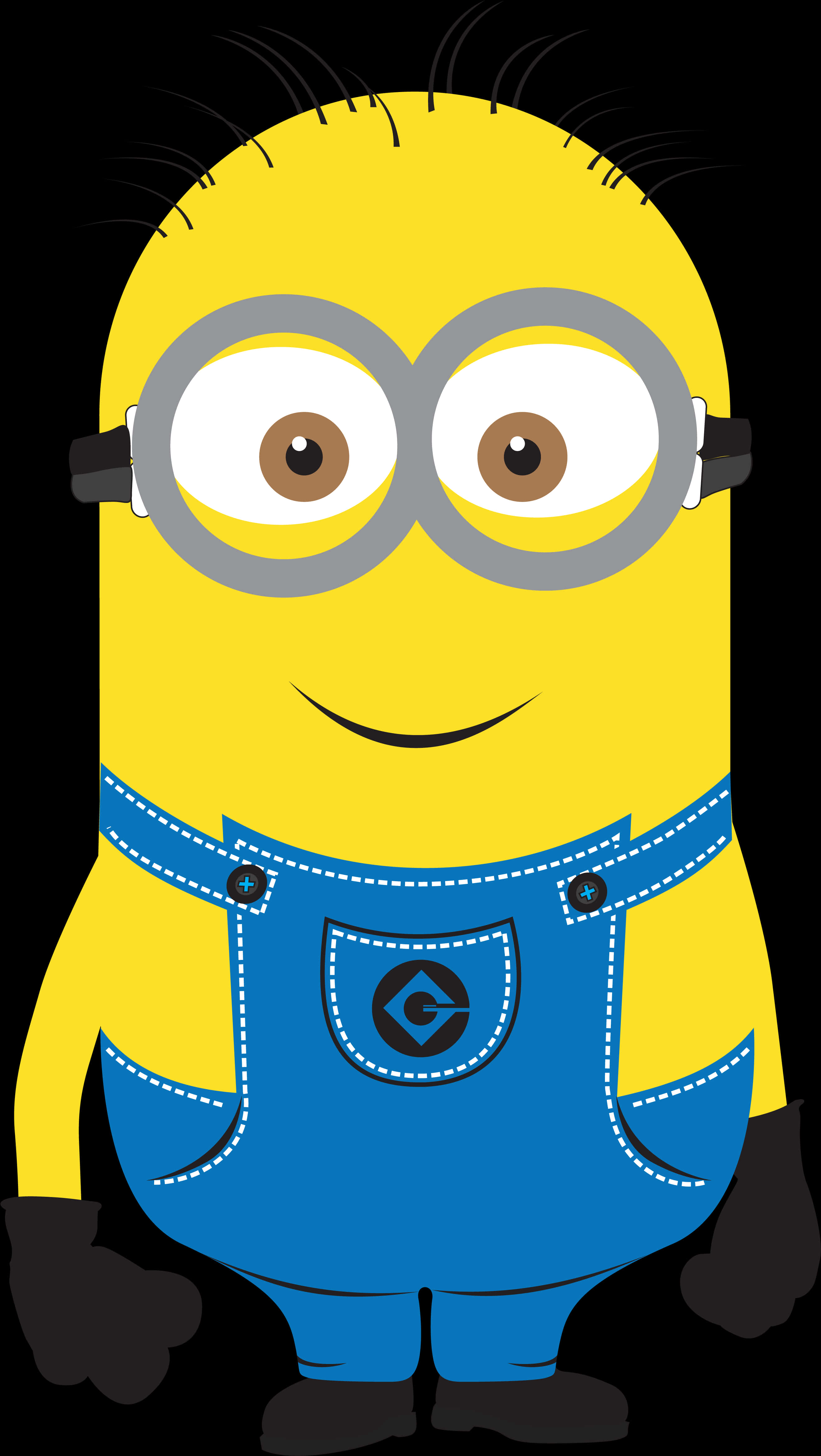 微笑小黃人剪貼畫 壁紙 — 一個快樂的黃色Minion，有大圓眼睛和藍色工裝褲，站在黑色背景前。