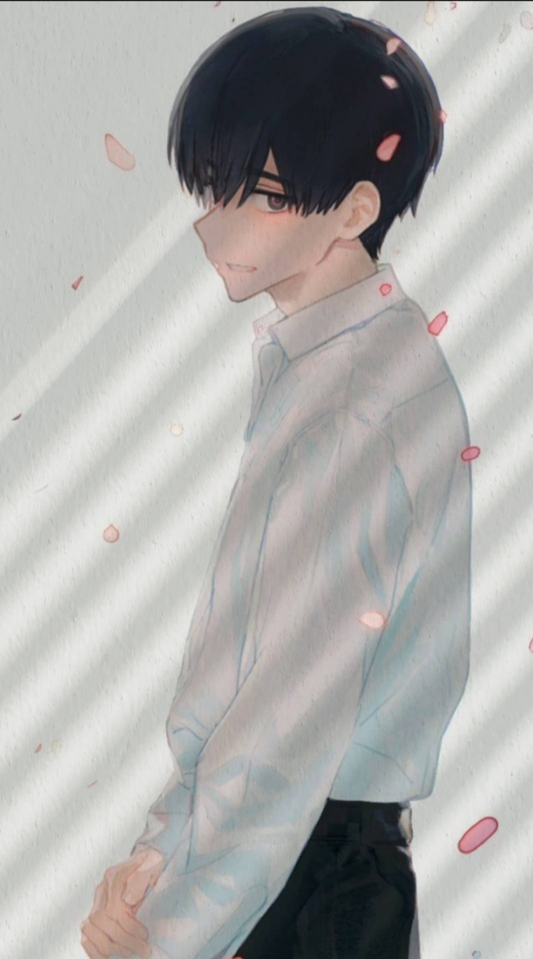 穿著淺藍色襯衫的動漫男孩，粉紅色花瓣在陽光中飄浮。