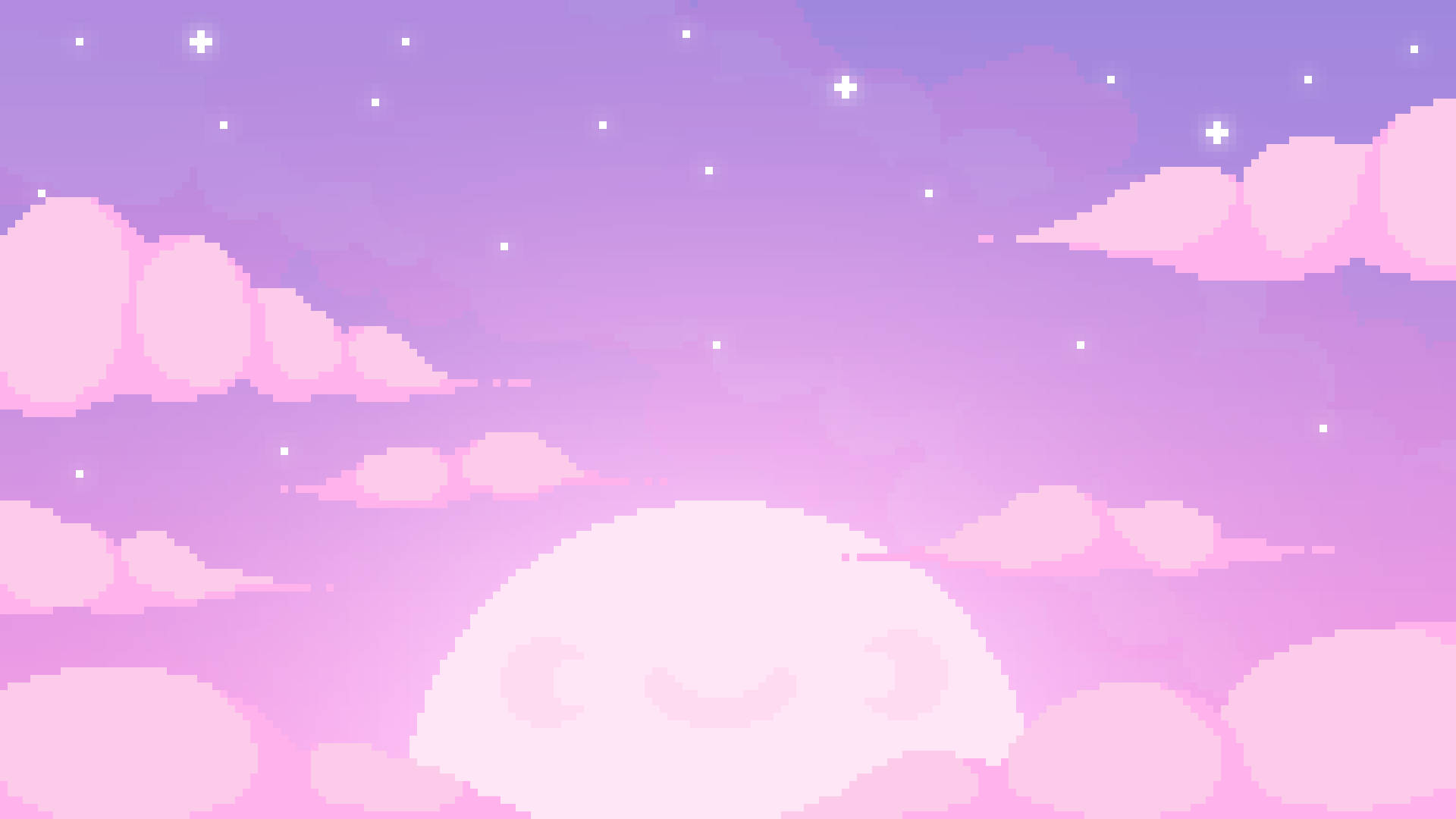 像素化的夜空，有微笑的月亮和粉紅色的雲朵，在閃爍的星星下。