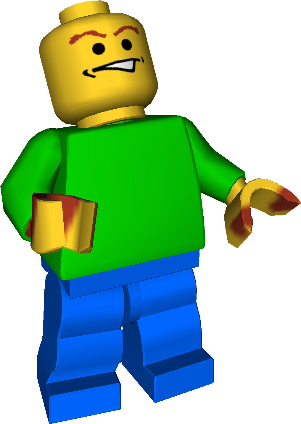 微笑樂高人偶3D模型 壁紙 — 一個黃頭LEGO人仔，表情唔開心，著綠色衫同藍色褲，背景係黑色。
