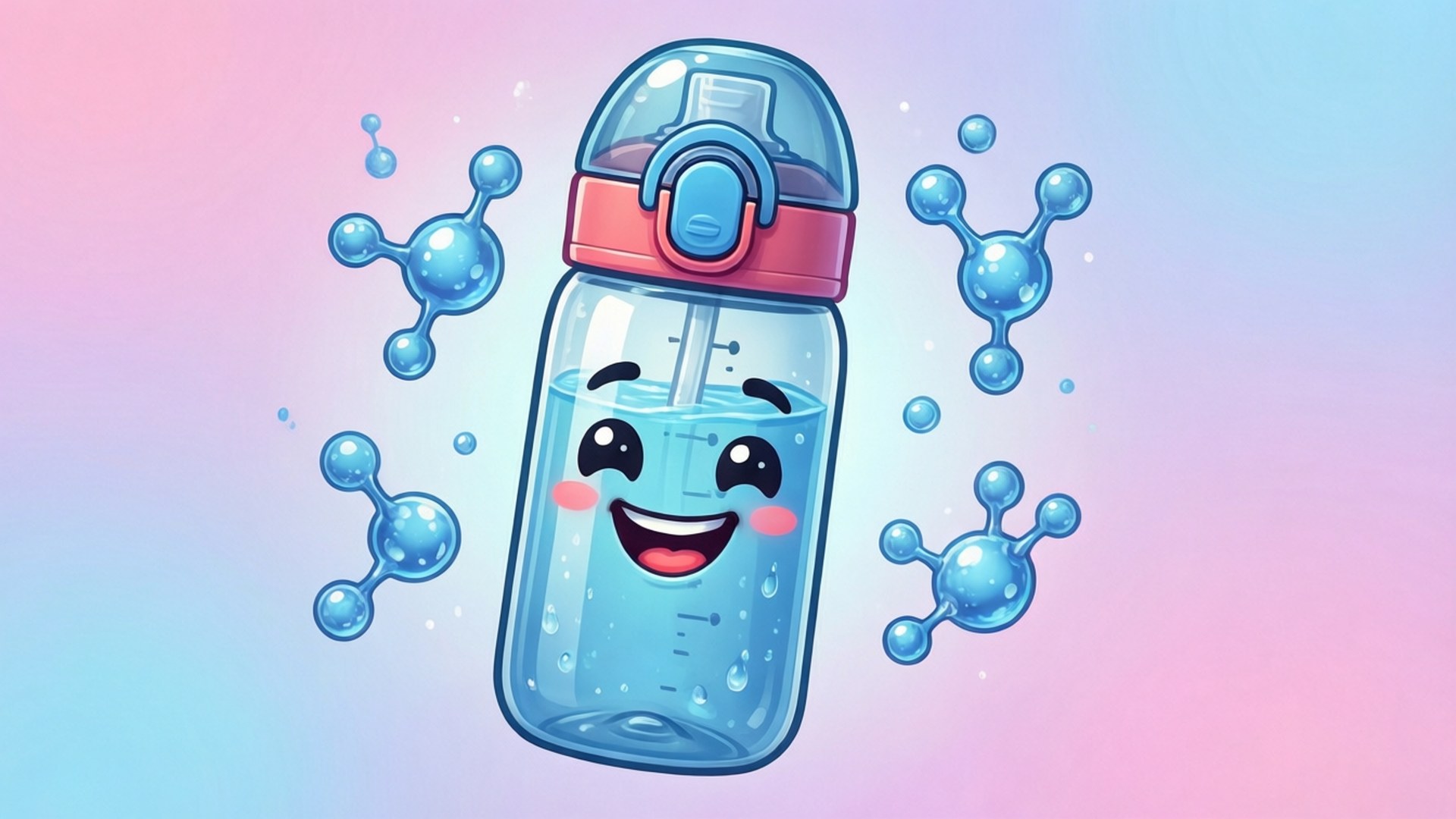 一個微笑嘅藍色水樽，周圍漂浮住分子氣泡。