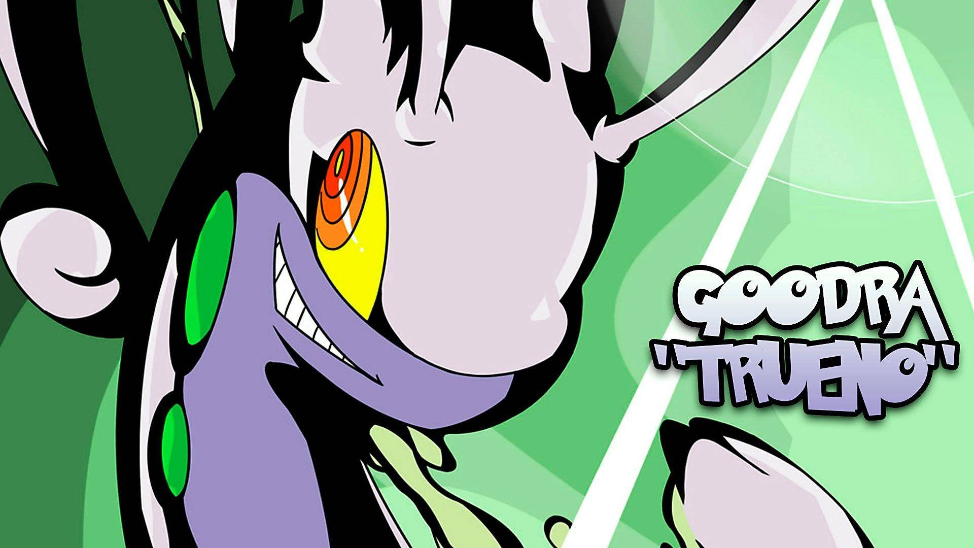 動漫角色 Goodra Trueno，紫色皮膚帶綠色斑點，咧嘴大笑。