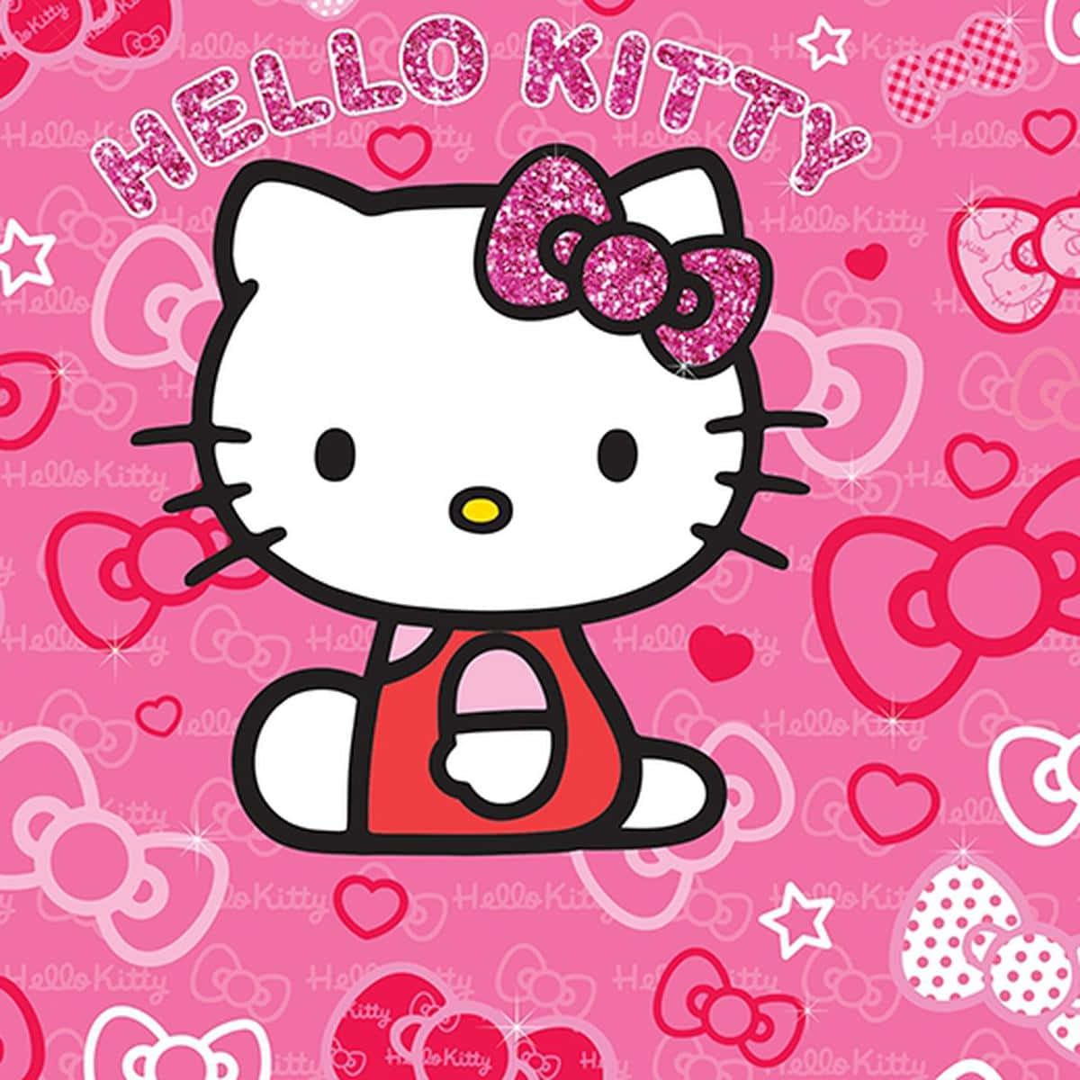 微笑的 Hello Kitty 致意 壁紙 — Hello Kitty 坐在充滿閃亮蝴蝶結、心形和星星的鮮豔粉紅色背景中央。