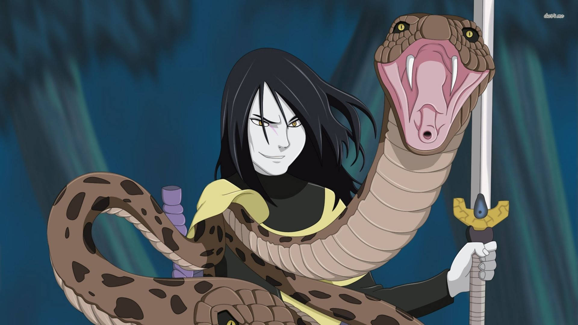 微笑的 Orochimaru 與攻擊蛇 壁紙 — 一個深色頭髮的動漫角色，臉上塗著白色顏料，手持一把劍，一條帶斑點的大蛇纏繞著他們，背景是深藍色。