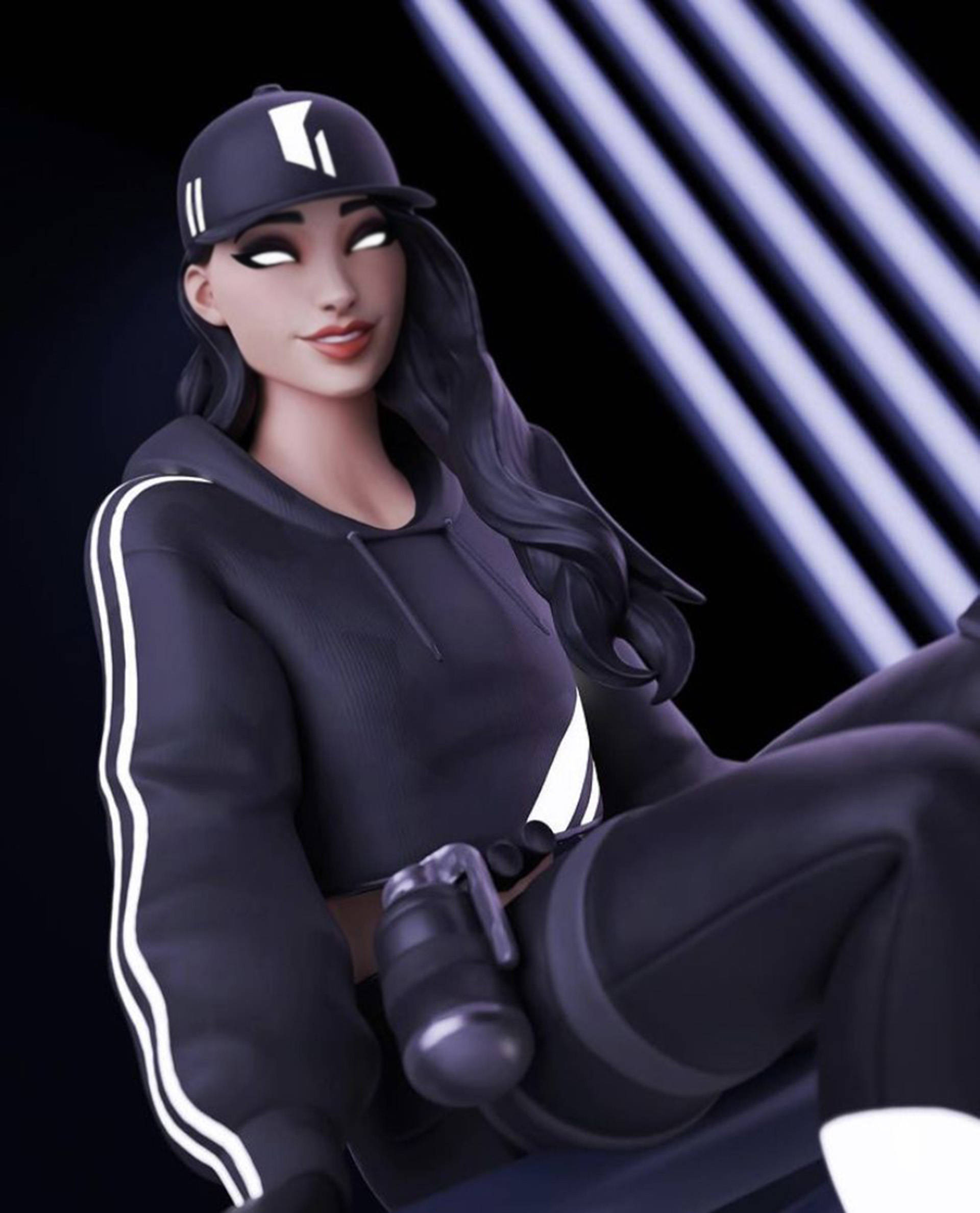 微笑的 Shadow Ruby《Fortnite》 壁紙 — 一個風格化的動漫女孩，穿著黑色連帽衫和帽子，靠著發光的藍色霓虹條紋，露出自信的笑容。