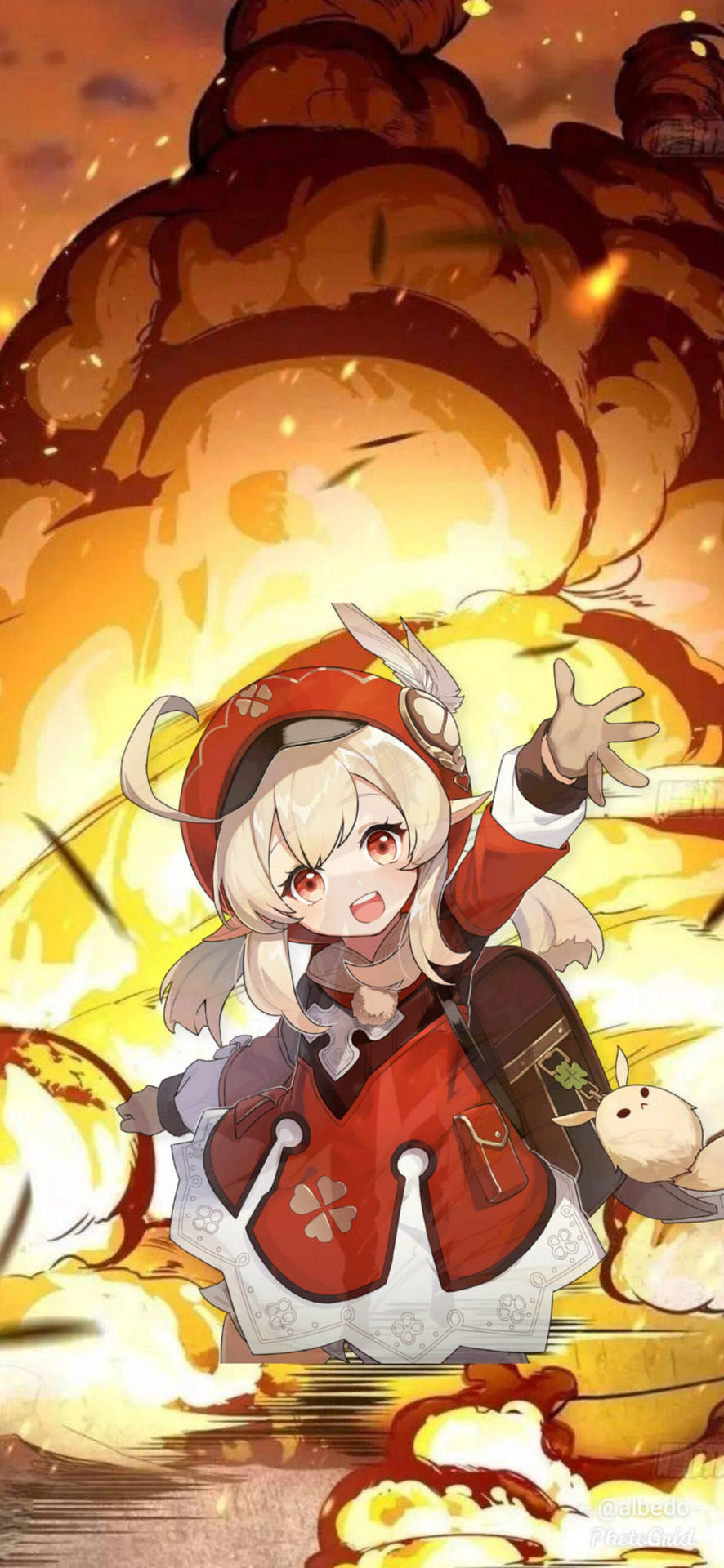 穿著紅色服裝的動漫女孩，被火花四濺的熾熱爆炸包圍。
