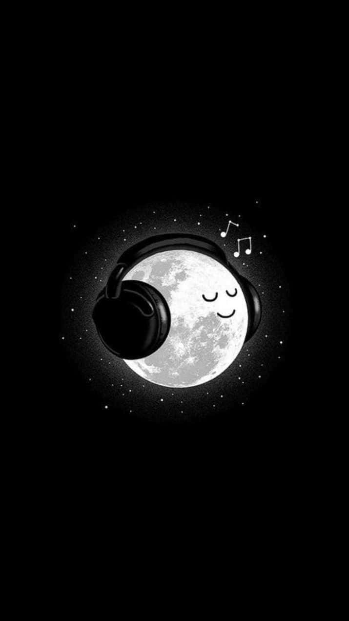 美學音樂 桌布 壁紙 — 微笑的月亮戴著耳機，音符在繁星點點的夜空中飄浮。