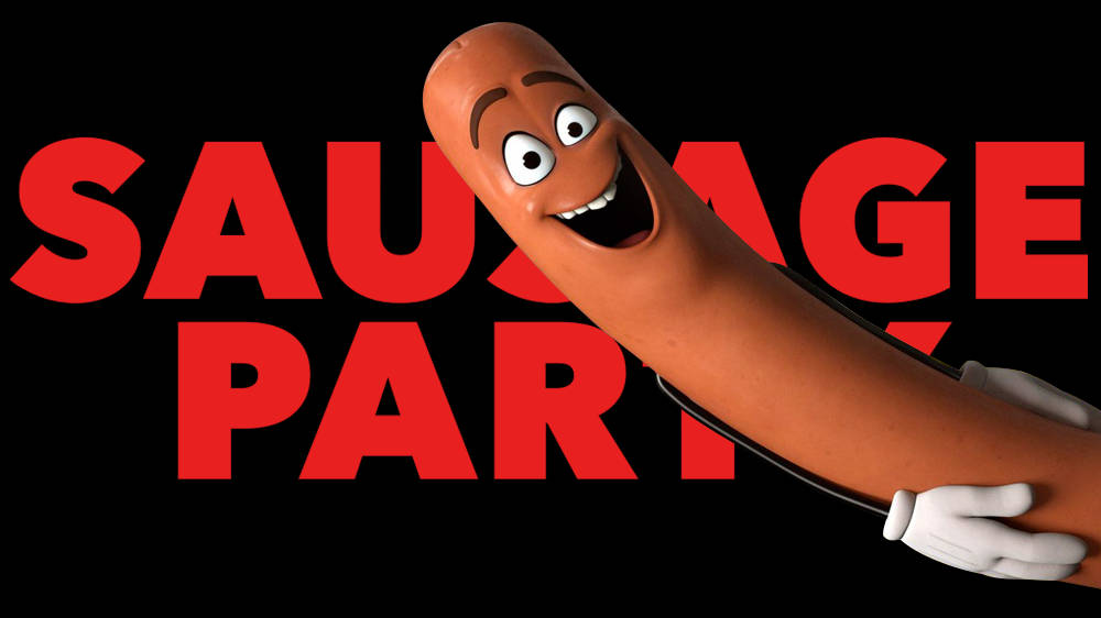 動畫香腸角色戴著白色手套，在紅色文字「SAUSAGE PARTY」旁邊微笑。