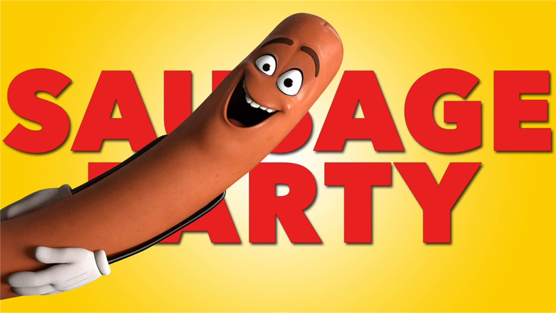 戴住白色手套嘅動畫香腸角色喺「SAUSAGE PARTY」文字前面微笑。