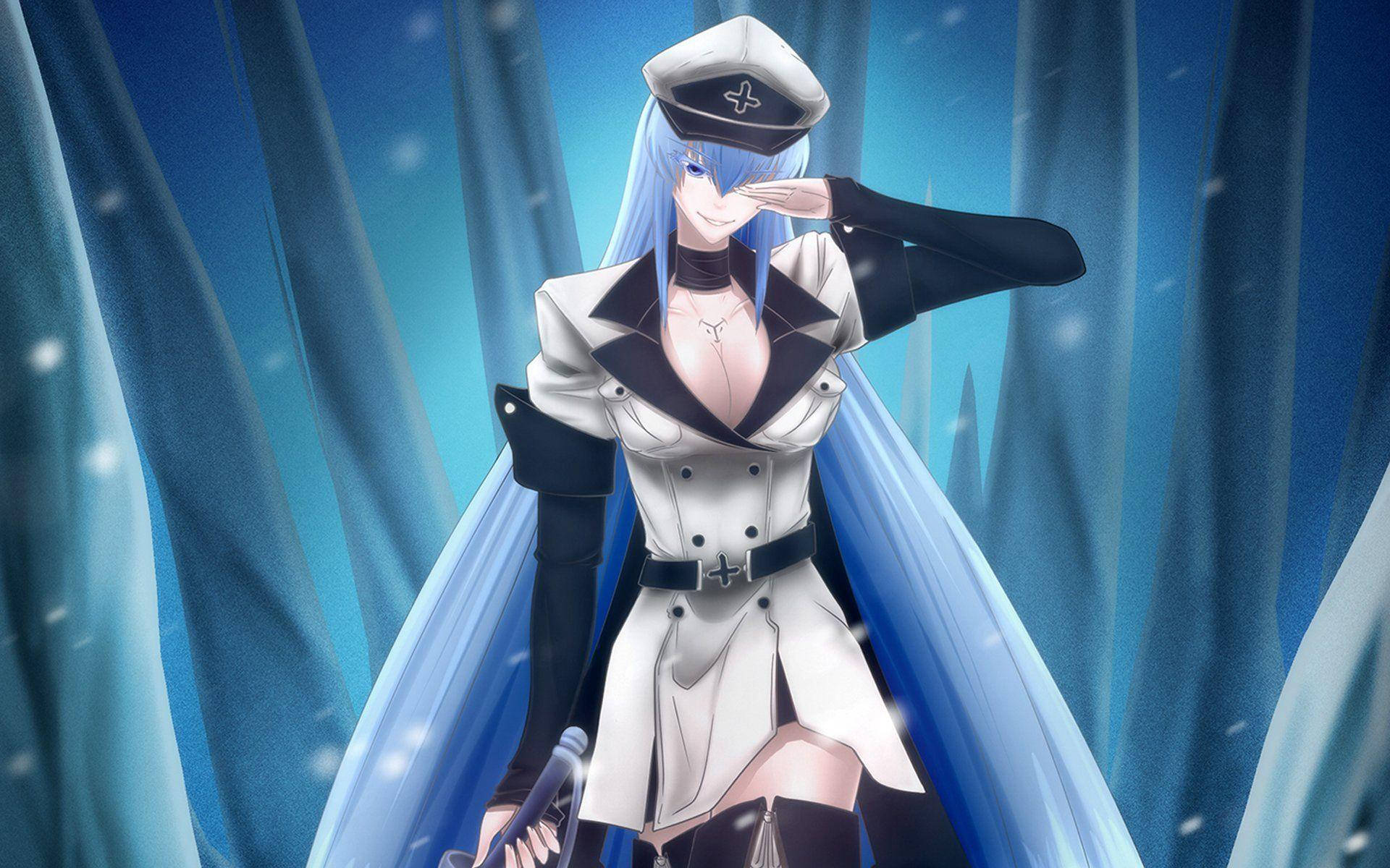 微笑的艾斯德斯 壁紙 — 一位藍髮動漫女孩穿著白色海軍制服，在深藍色窗簾背景下於飄雪中敬禮。