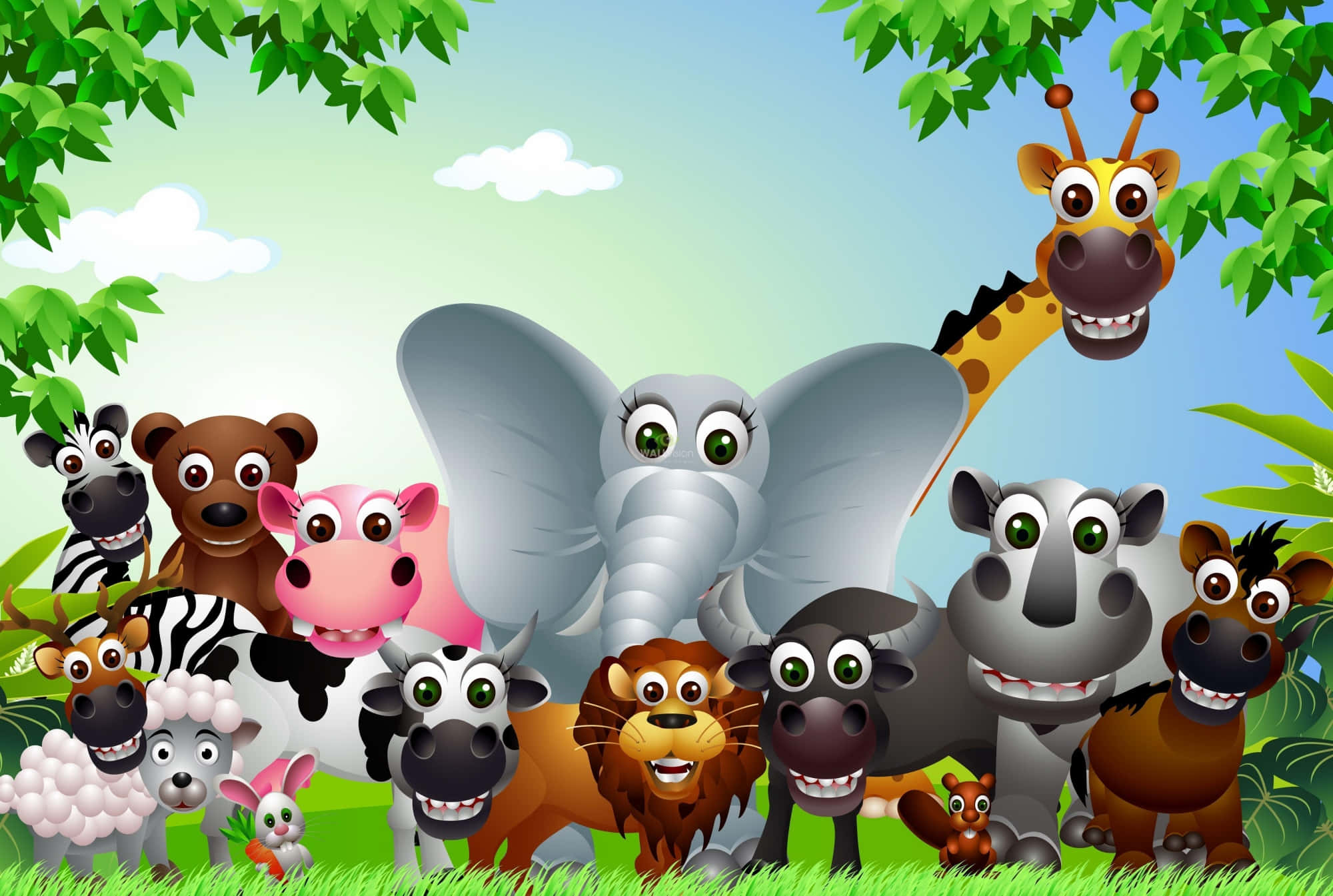 微笑的野生可愛卡通動物圖片 壁紙 — 一個快樂的卡通動物家庭在陽光明媚的日子裡聚集在綠樹成蔭的樹下。