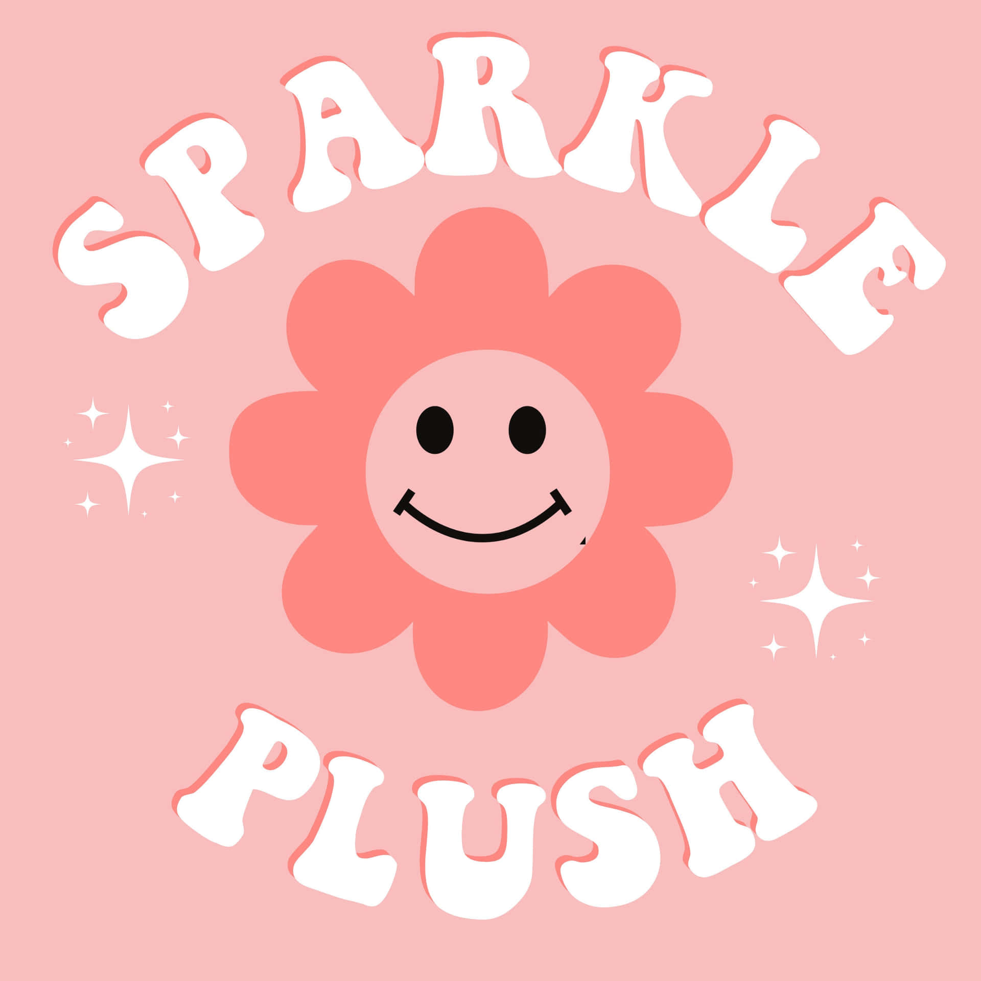 微笑花朵「Sparkle Plush」粉紅頭像 壁紙 — 一朵開心的粉紅色花朵，帶有微笑的臉，周圍環繞著閃光，以及以俏皮白色字體書寫的「SPARKLE PLUSH」字樣。