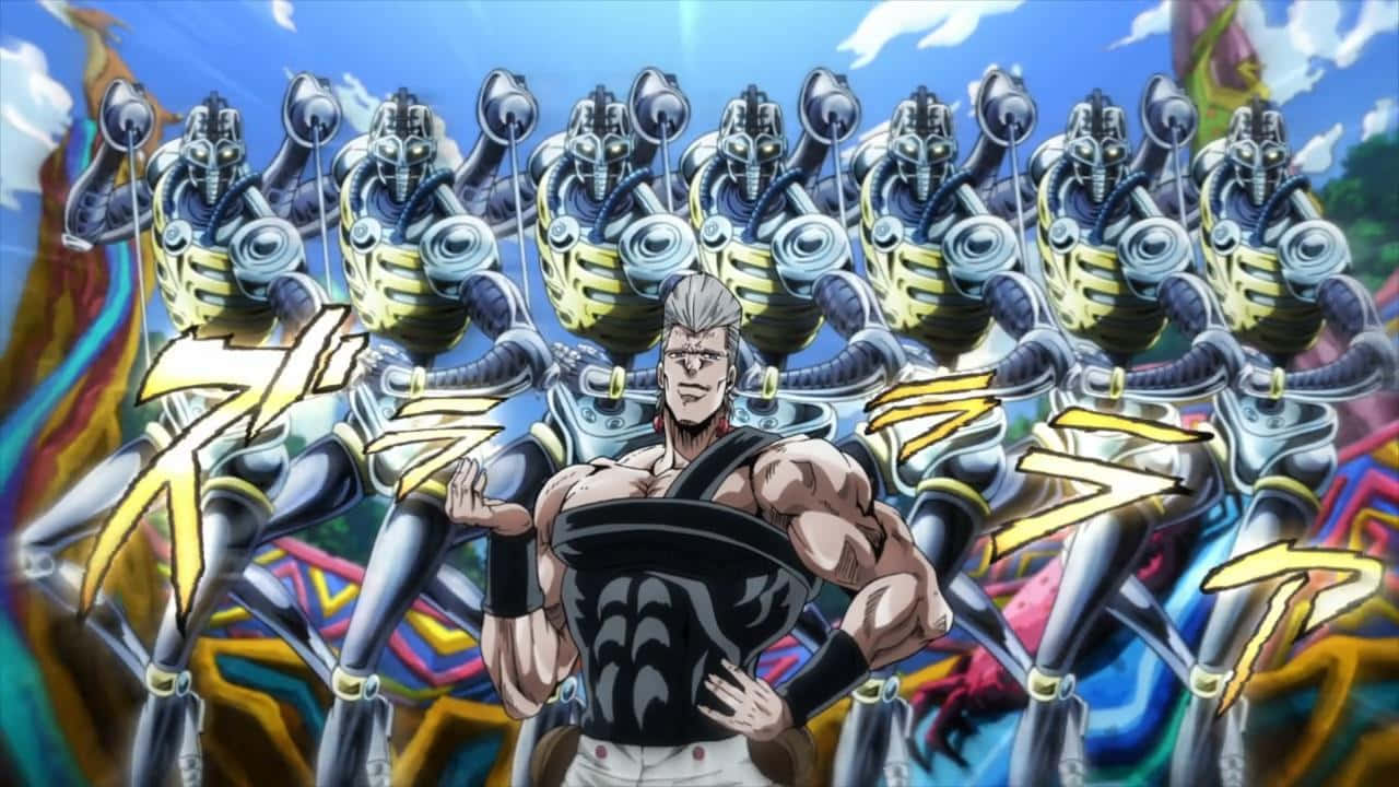 微笑著勇敢迎戰，空條承太郎準備擊敗惡毒的迪奧·布蘭度！ 壁紙 — 一個肌肉發達的灰色頭髮動漫男子，自信地站在一排相同的裝甲機械戰士面前，背景是明亮的藍天。
