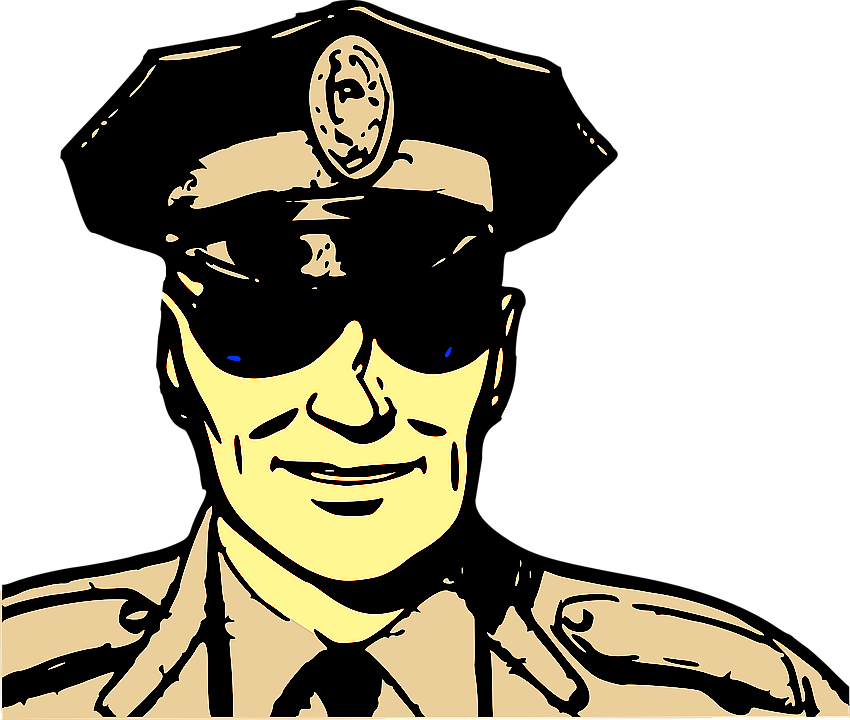 微笑警察插圖 壁紙 — 一個風格化的插圖，描繪一位面帶微笑、身穿制服和太陽眼鏡的警察，帶有粗黑輪廓和米色調。