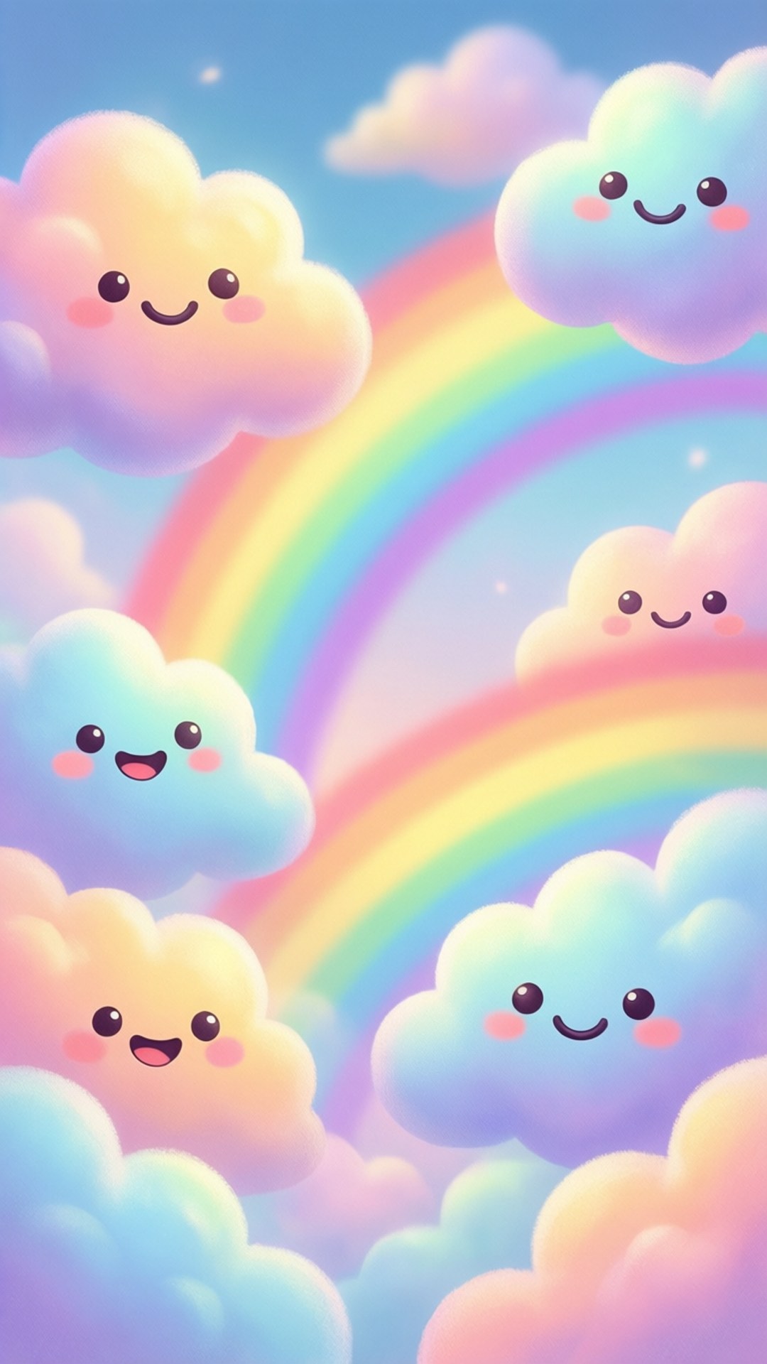 可愛的笑臉雲朵在柔和的天空中圍繞著多彩的彩虹飄浮。