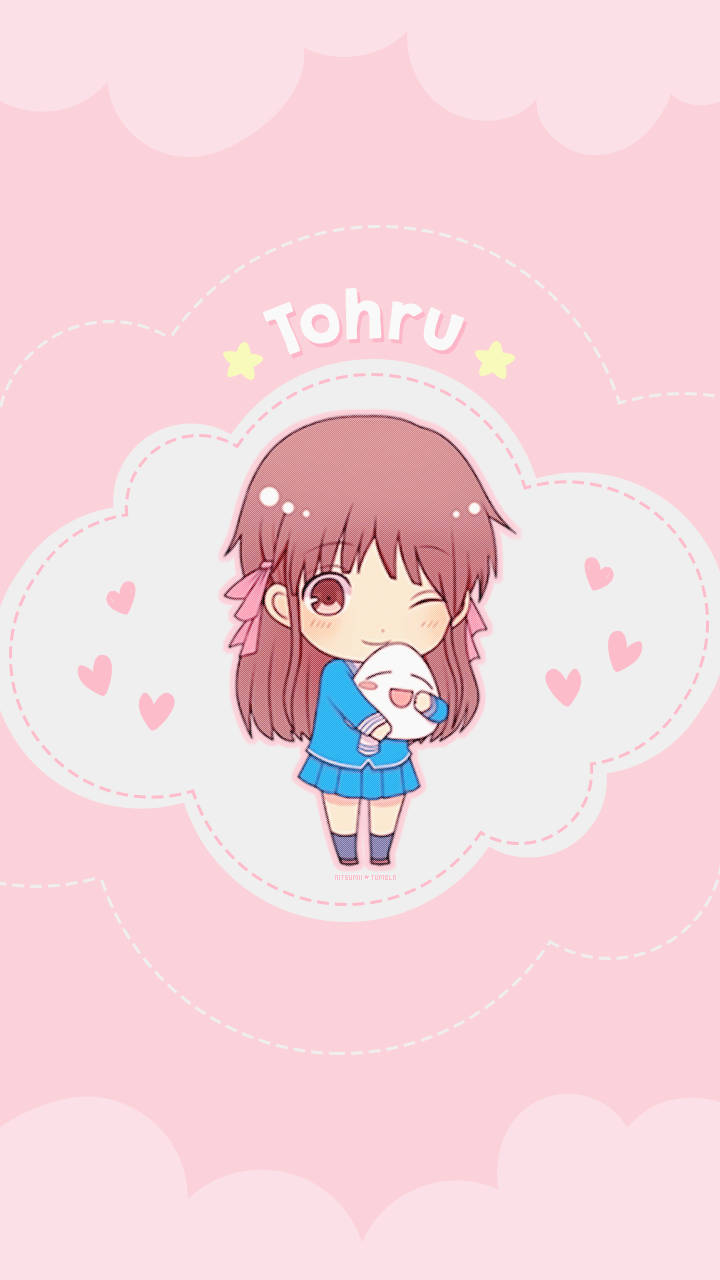 動漫女孩Tohru在雲中抱著貓，還有心形