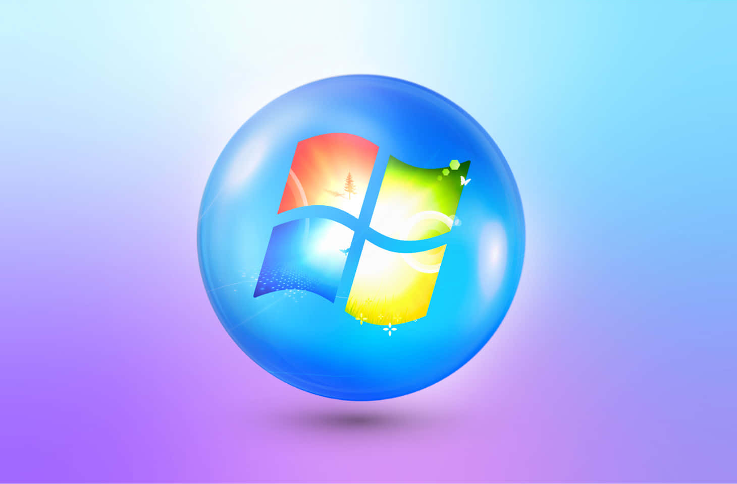 Windows標誌在發光的藍色球體內，背景是漸變的天空。