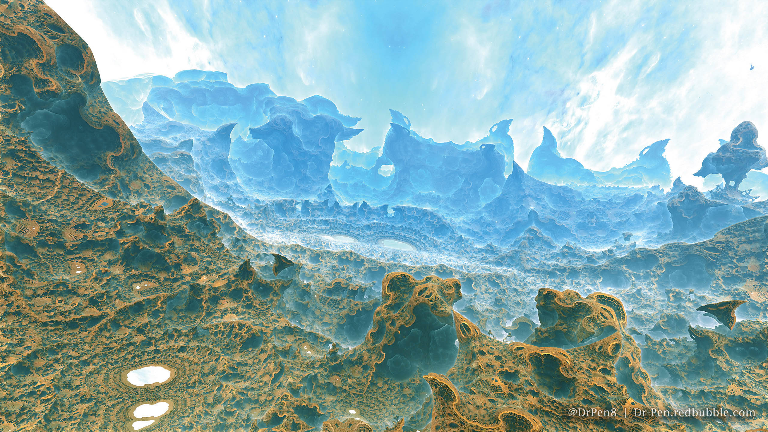 微軟Surface奇幻風景 壁紙 — 超現實的數位景觀，金色紋理的地形向著充滿縷縷雲彩的發光藍天升起。