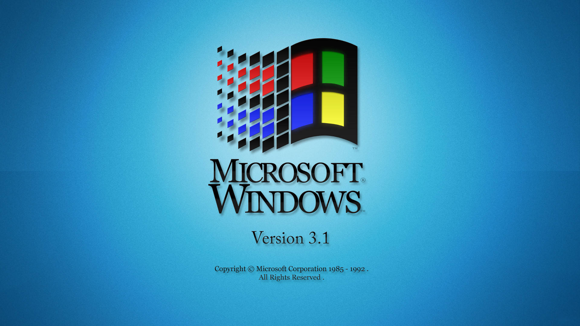 微軟Windows 3.1桌面 壁紙 — 經典 Microsoft Windows 3.1 標誌，在漸變藍色背景上居中顯示彩色像素化視窗圖示。