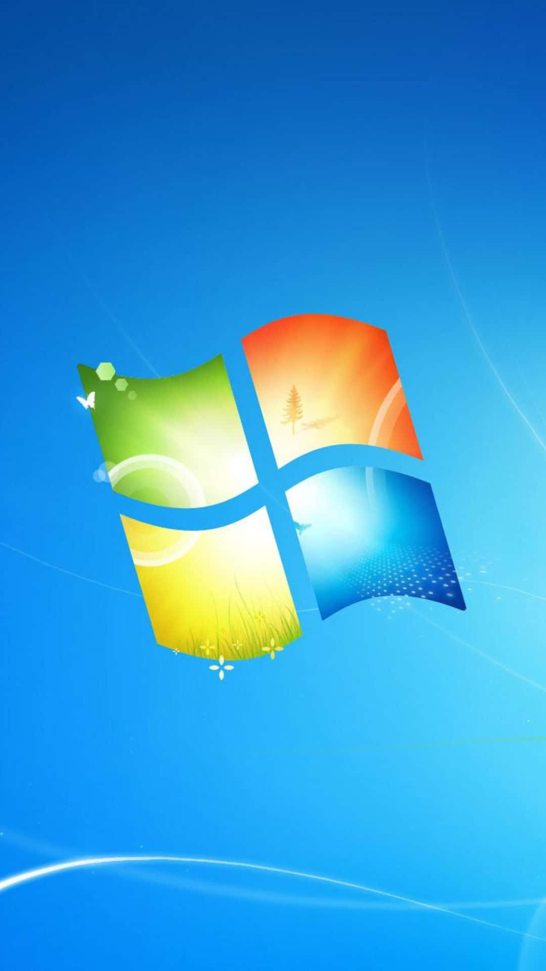 Windows 標誌，每個窗格在藍色漸變背景上顯示自然場景。