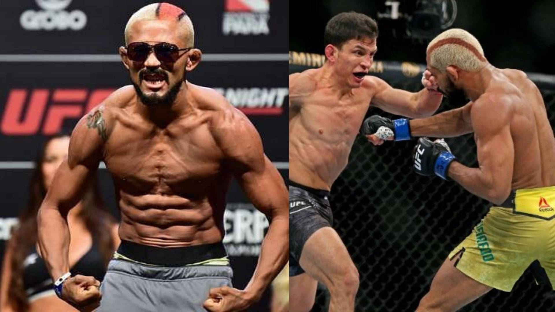 兩名MMA拳手在八角籠中，一人慶祝勝利，另一人揮拳。