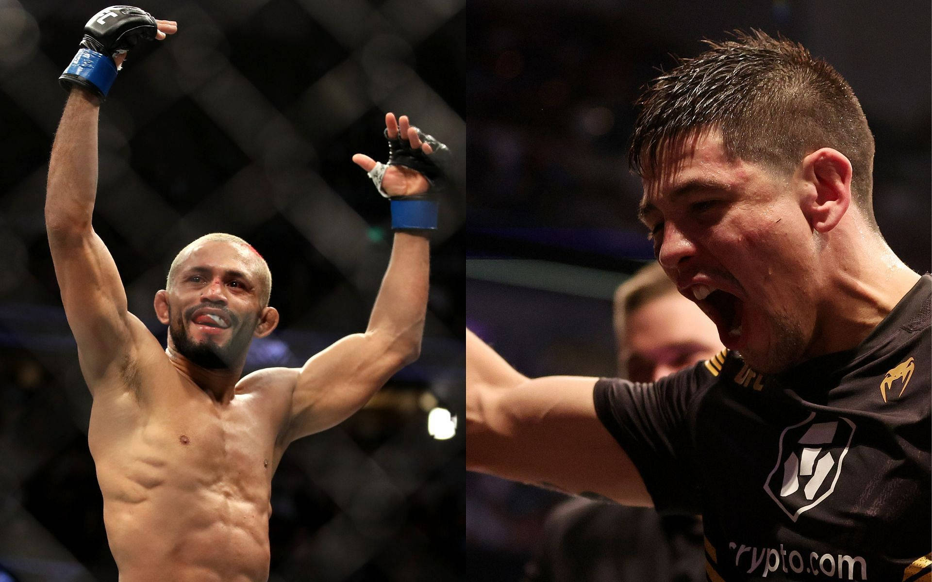 兩名MMA拳手在八角籠內高舉雙臂、激情咆哮慶祝勝利。
