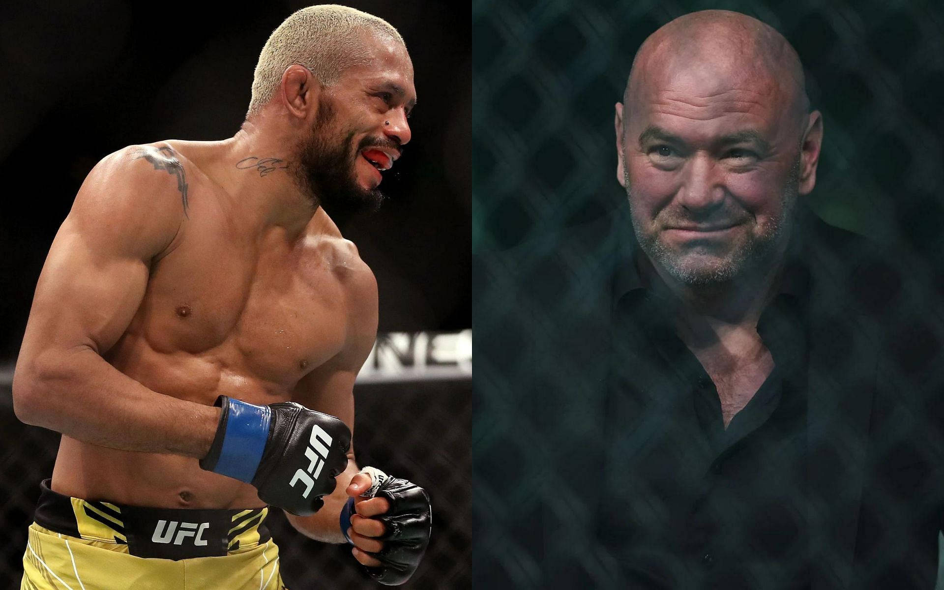 UFC拳手在八角籠內慶祝，旁邊是穿深色襯衫的光頭男子