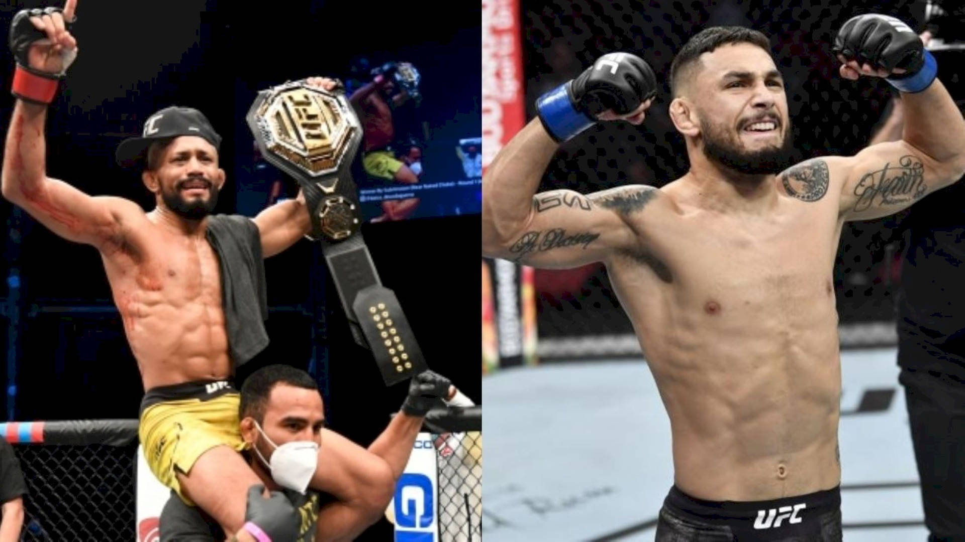 兩位UFC拳手在八角籠中高舉冠軍腰帶和拳頭慶祝勝利。