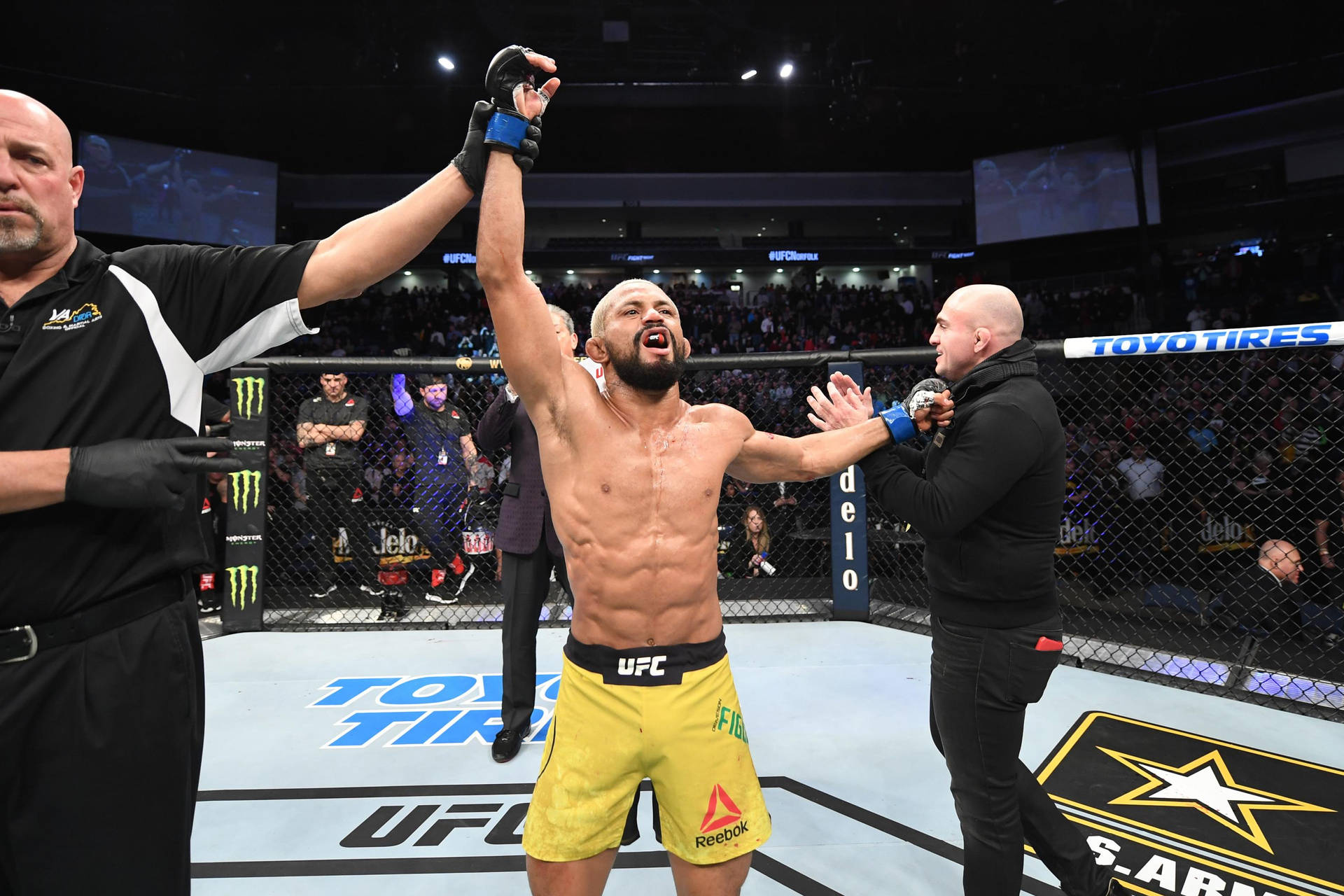 UFC拳手在八角籠中慶祝勝利，裁判舉起他的手臂。