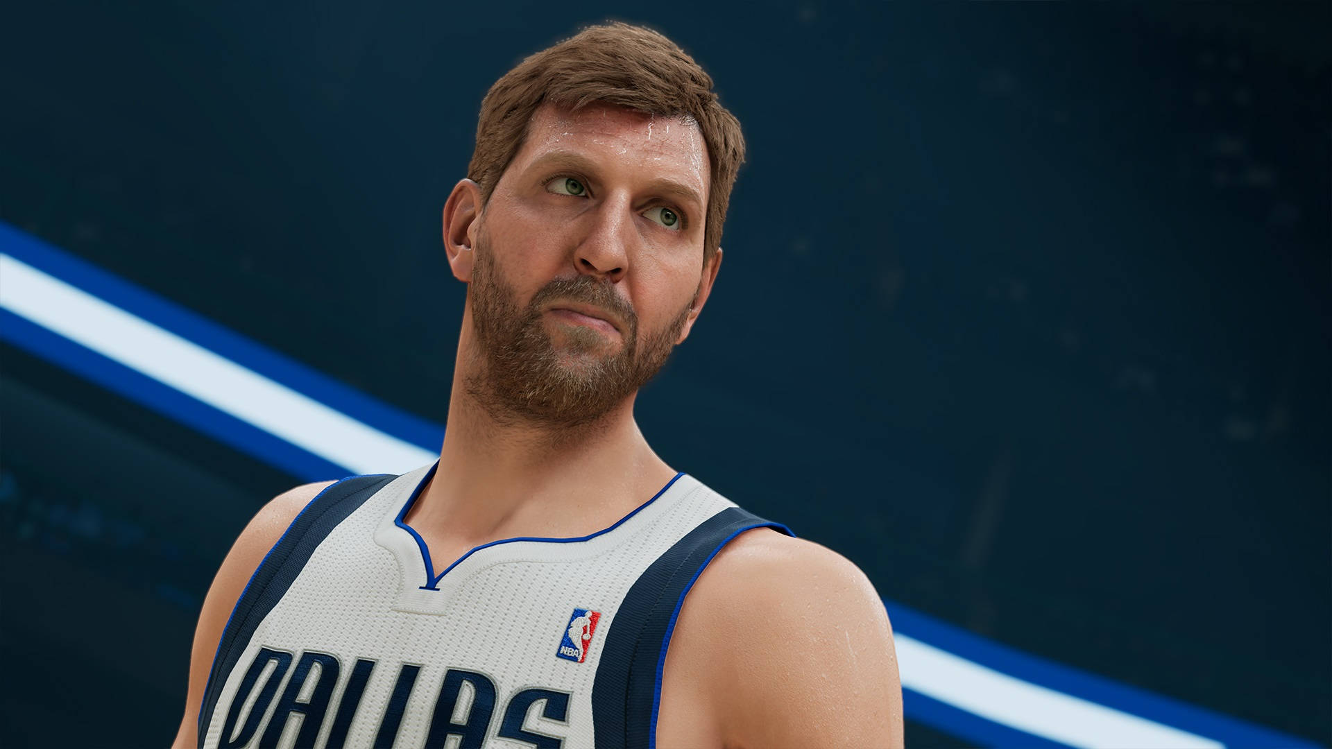 德克·諾維茨基 NBA 2K22 壁紙 — 一名身穿達拉斯球衣的籃球運動員特寫，神情專注，背景為深藍色帶有發光白色線條。