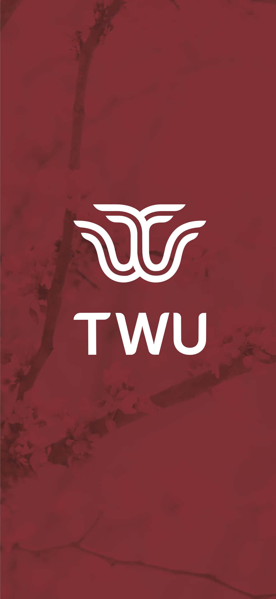 白色TWU標誌和徽章，位於帶有紋理的紅色背景上，帶有樹枝輪廓。