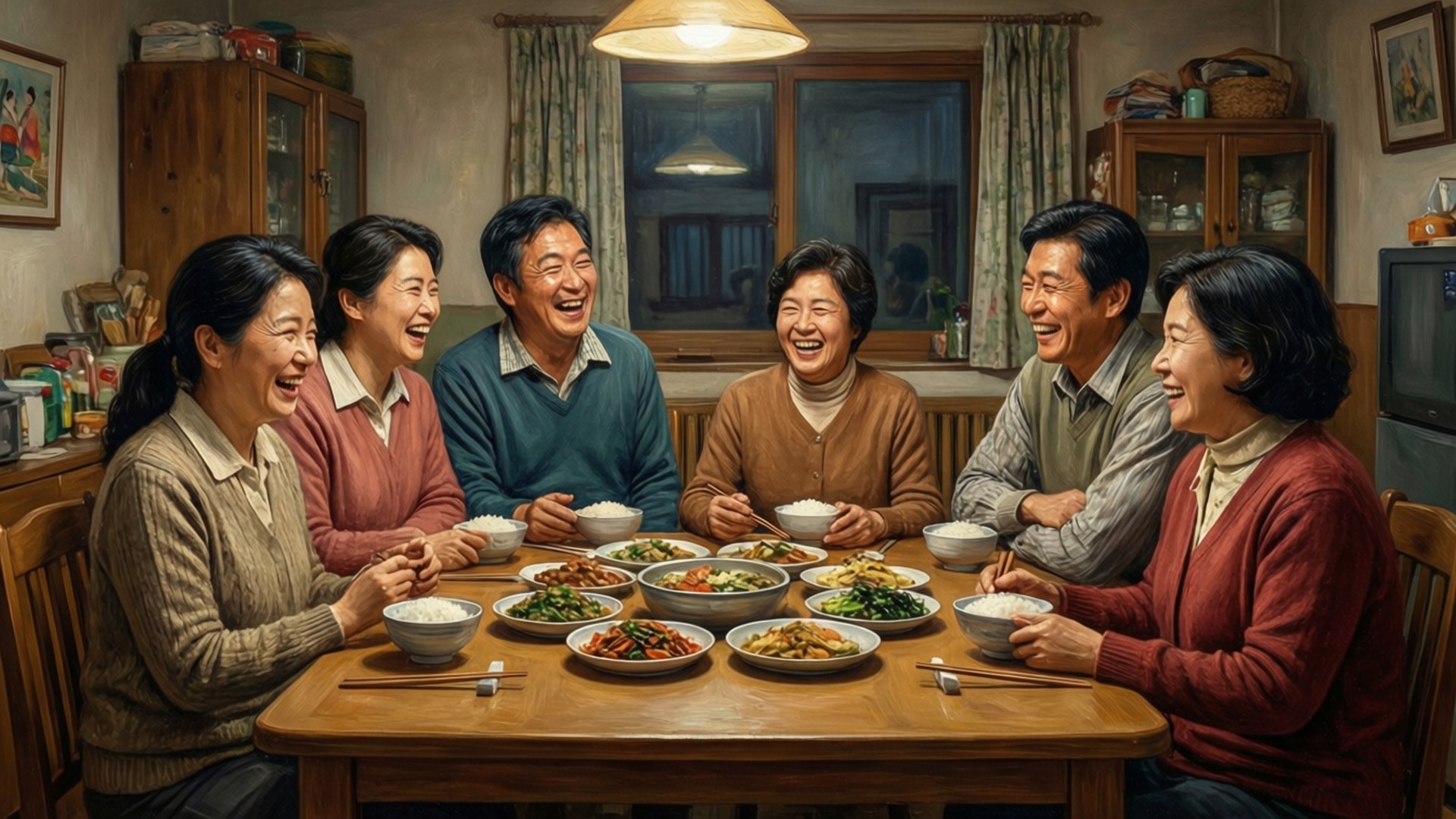 德克順家族晚餐歡笑 壁紙 — 六個微笑的成年人圍著一張木桌分享溫暖的晚餐，桌上擺滿了色彩繽紛的韓國菜餚，上方懸掛著一盞吊燈。