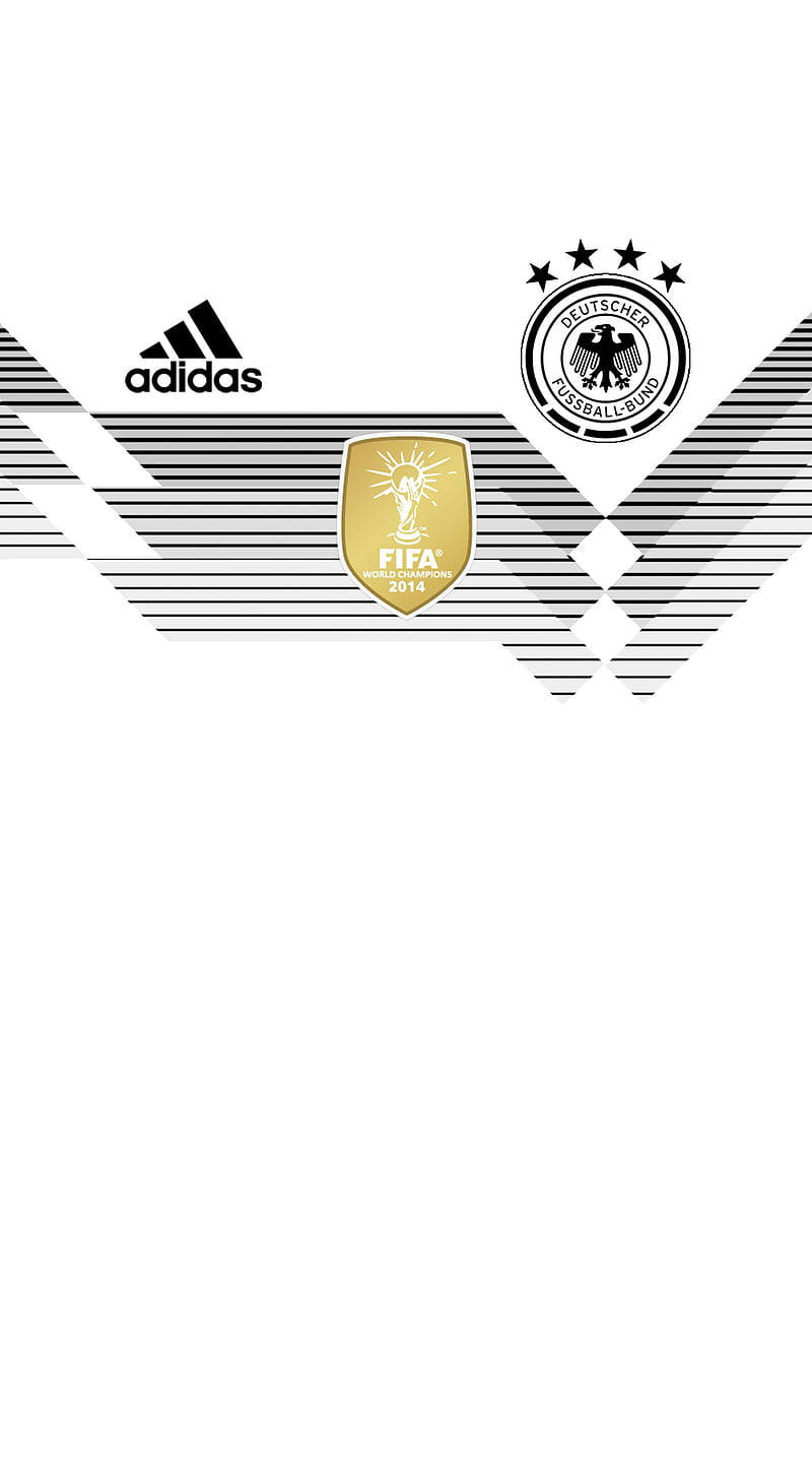 德國國家足球隊2018阿迪達斯球衣 壁紙 — 簡約黑白牆紙，印有Adidas標誌、德國足球協會徽章及2014年FIFA世界盃獎盃標誌。