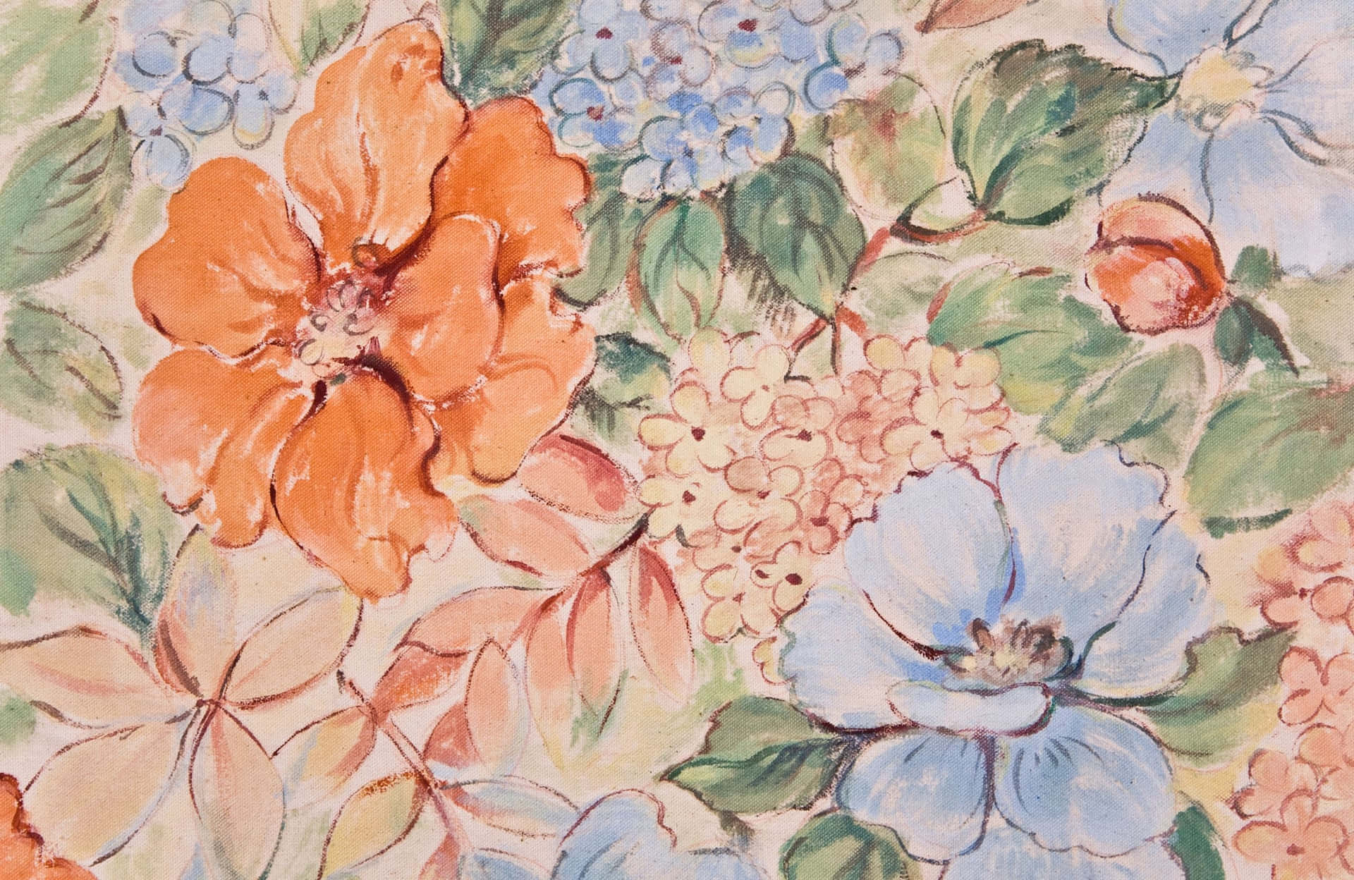 奶油色背景上帶有橙色、藍色和蜜桃色花朵的水彩花卉圖案