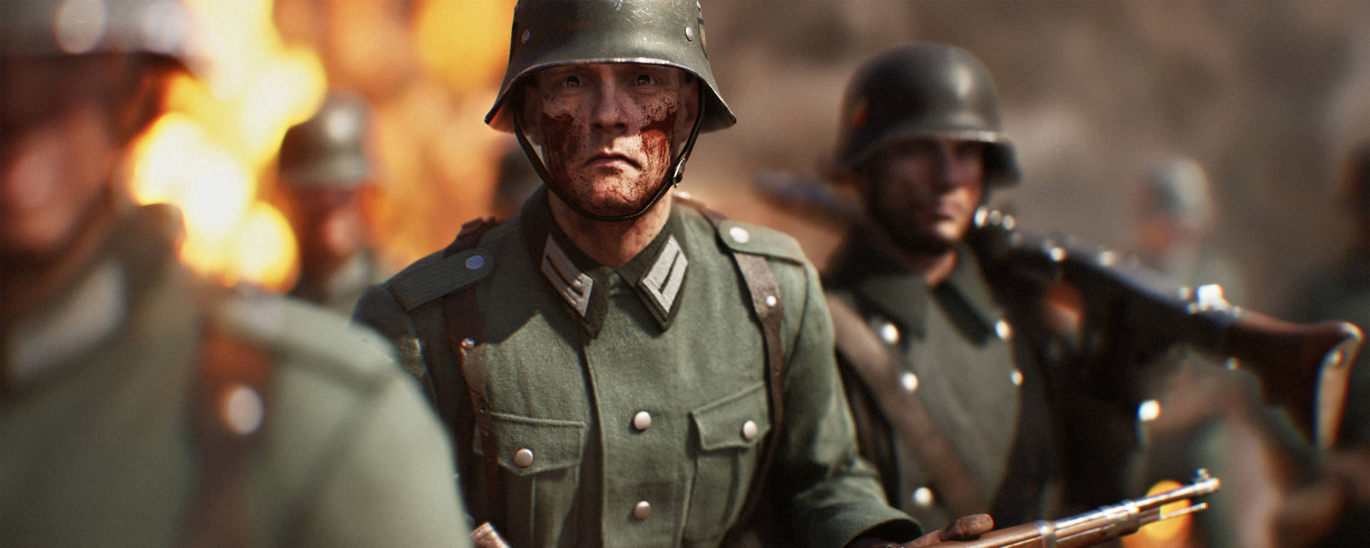 德國士兵在戰鬥中滿臉鮮血，穿著二戰軍服。