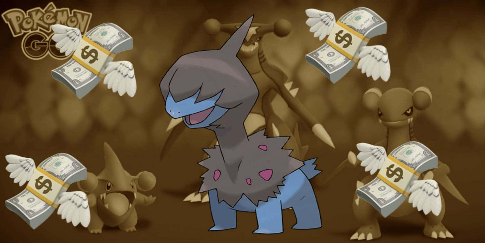 德尼歐飛錢壁紙 壁紙 — Pokémon GO 角色在棕色背景上攜帶飛行的錢堆。