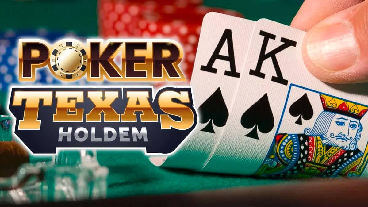 在撲克遊戲中手持黑桃A和K，有籌碼和德州撲克文字。