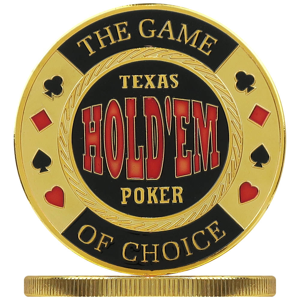 金色撲克籌碼，標有Texas Hold'em，附有紙牌花色