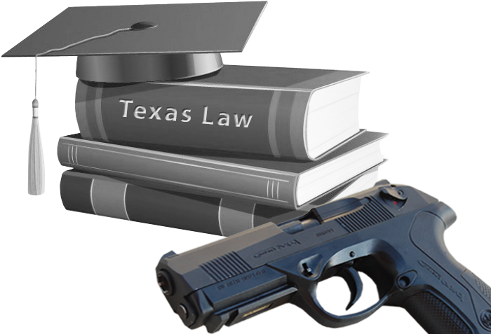 德州法律書與手槍的畢業帽 壁紙 — 一頂畢業帽放在標有 Texas Law 的法律書上，旁邊放著一把手槍。