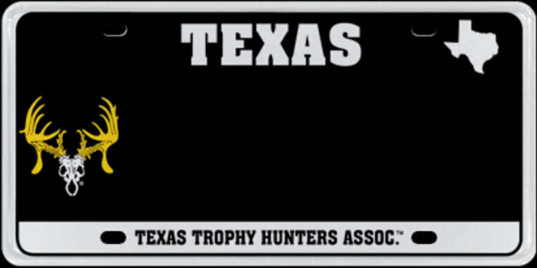 德州獵物獵人牌照 壁紙 — 黑色德州車牌，白色 'TEXAS' 文字，州輪廓，黃色鹿角連頭骨。