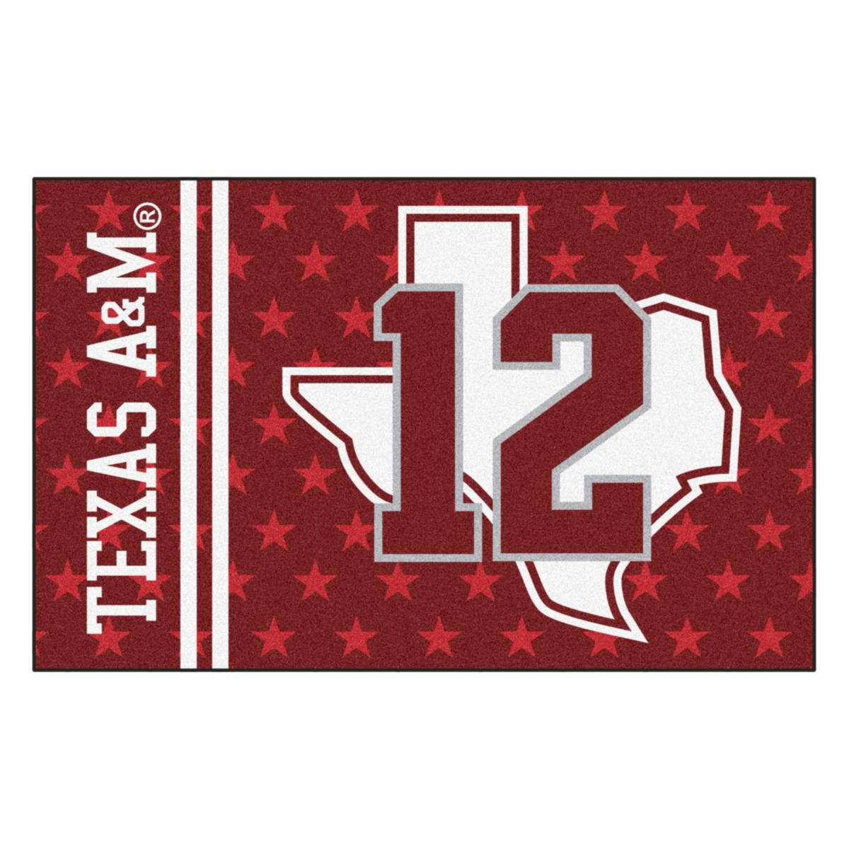 Texas A&M 12th Man 地毯，帶有紅色星星和白色標誌。