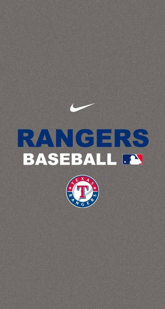 德州遊騎兵棒球隊標誌，配上 Nike 及 MLB 標誌，置於灰色背景上。