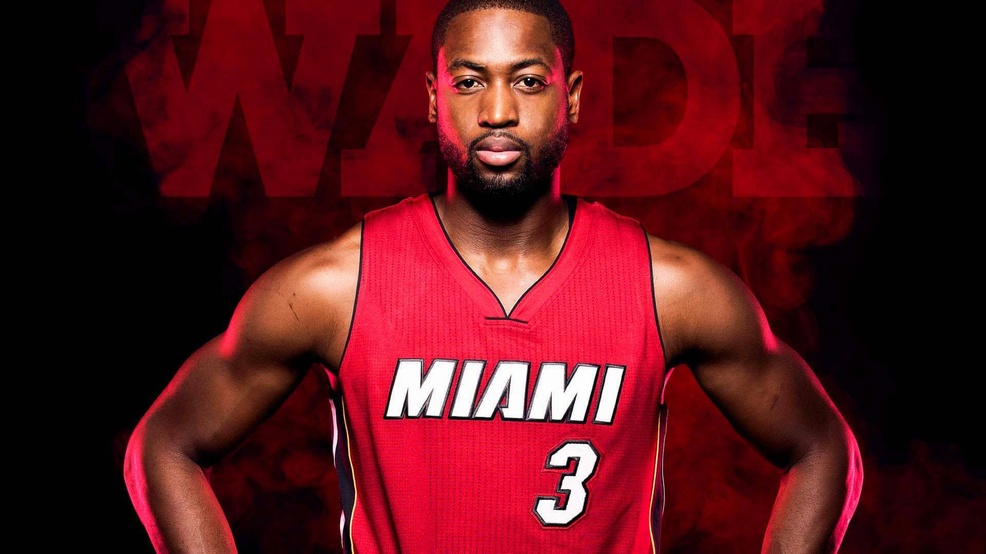 Dwyane Wade 身穿紅色邁阿密熱火球衣，雙手叉腰，站在煙霧繚繞的紅色背景前。