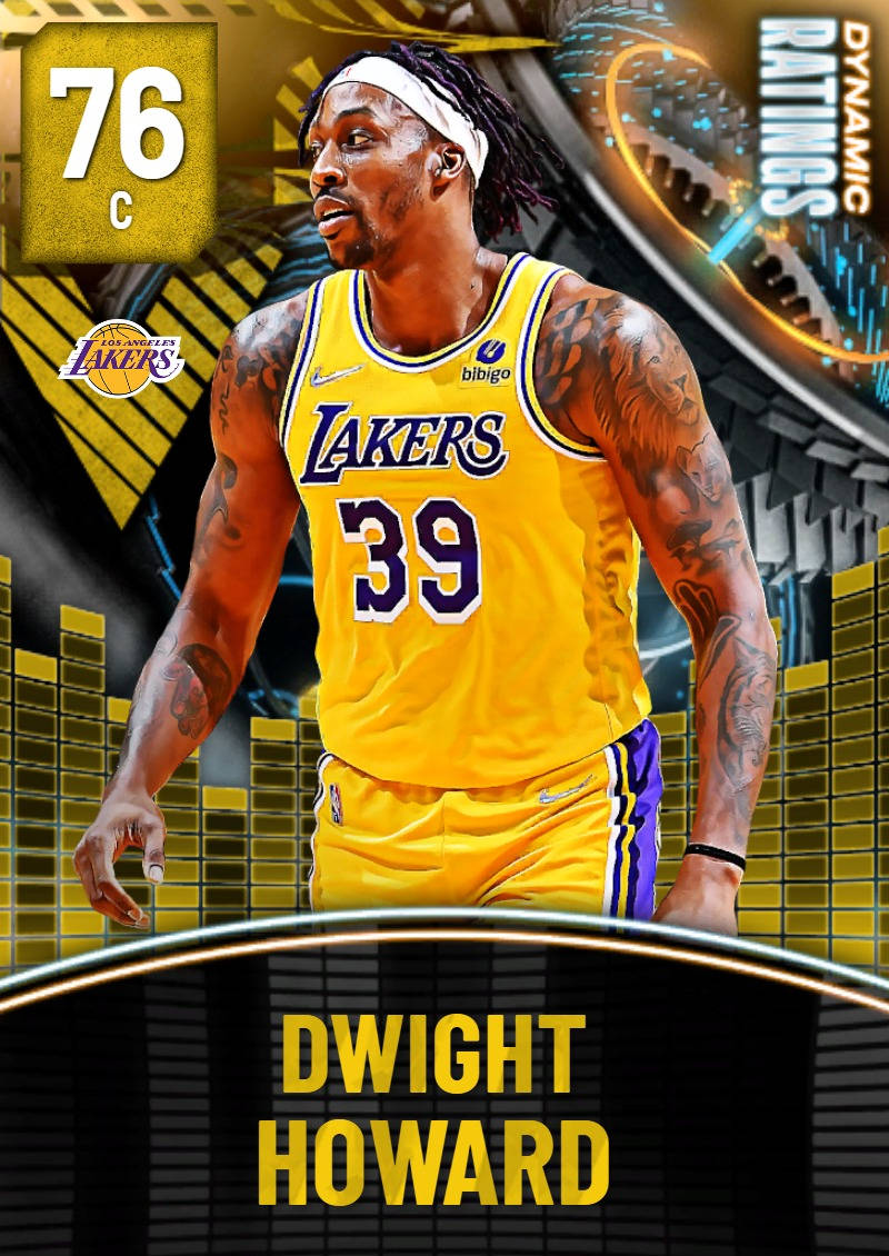 德懷特·霍華德 NBA洛杉磯湖人隊39號 壁紙 — Dwight Howard 身穿湖人隊球衣，自信地站在充滿動感的數位背景前，背景帶有發光的黃色和黑色元素。