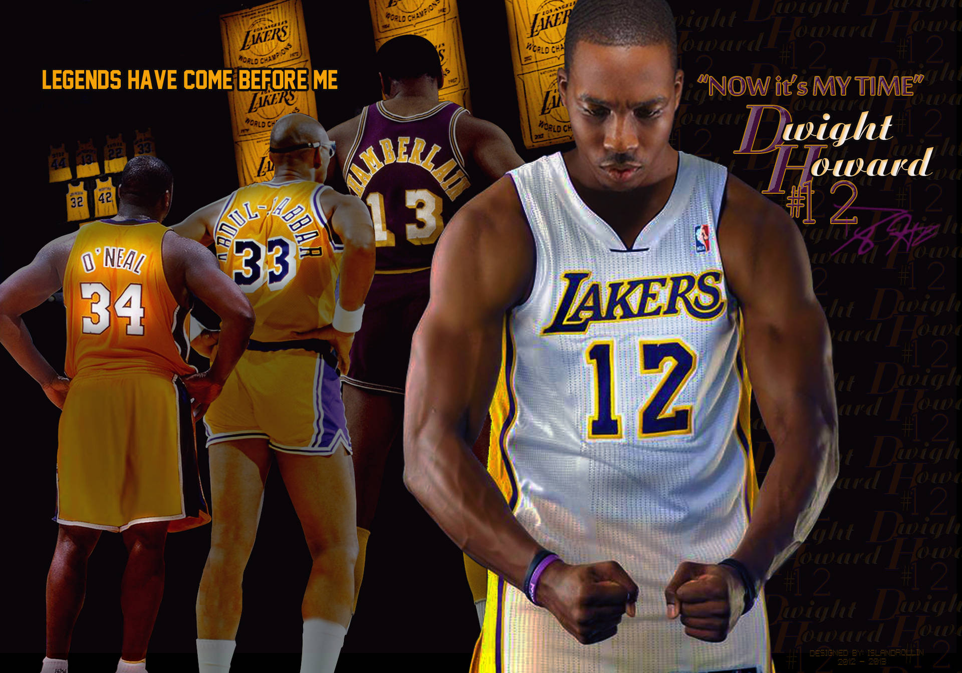 德懷特·霍華德沙克·奧尼爾威爾特·張伯倫湖人隊傳奇 壁紙 — Dwight Howard 身穿湖人球衣，堅定地站在傳奇湖人球員奧尼爾和沙克面前，作為致敬壁紙。