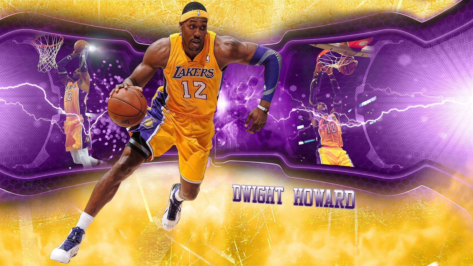 Dwight Howard 身穿湖人球衣運球，帶有閃電效果。